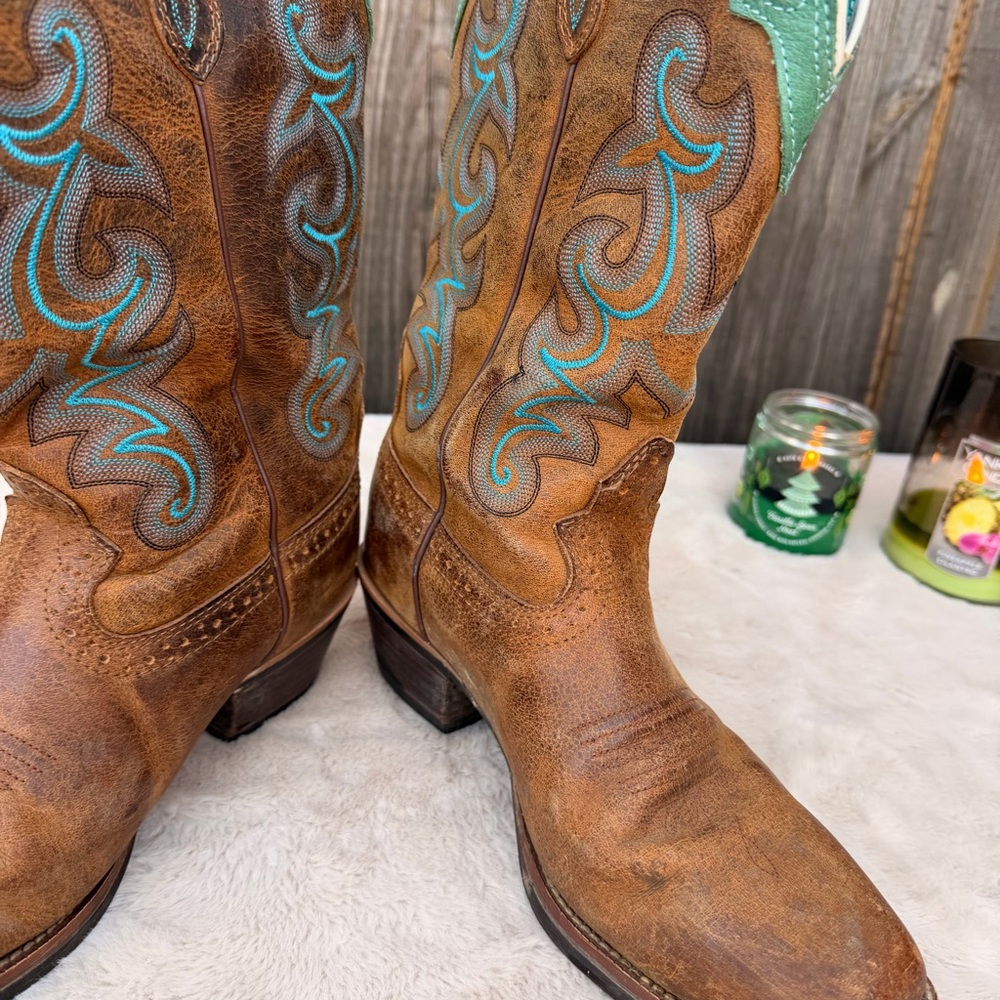 Justin Sevana Tan Western Cowboy Turquoise Brown Leather Boots Size 8.5 - Picture 8 of 11